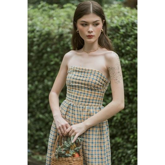 OLALASTUDIO đầm quây ô vuông mix 2 màu vàng xanh Soonnet Midi Dress