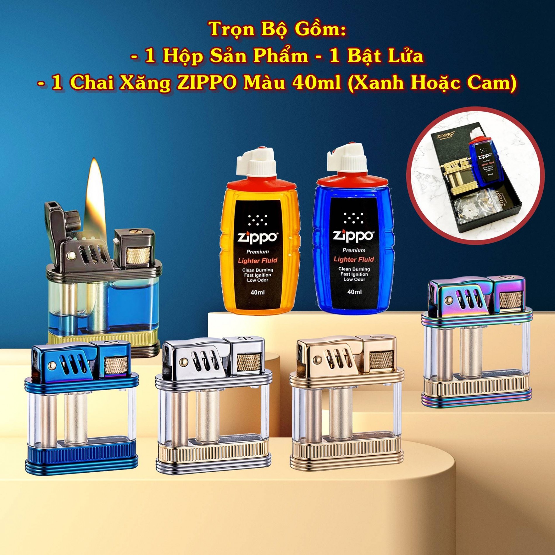 SET Bật lửa hột quẹt xăng lộ thiên Z716 tặng kèm chai xăng - xài xăng