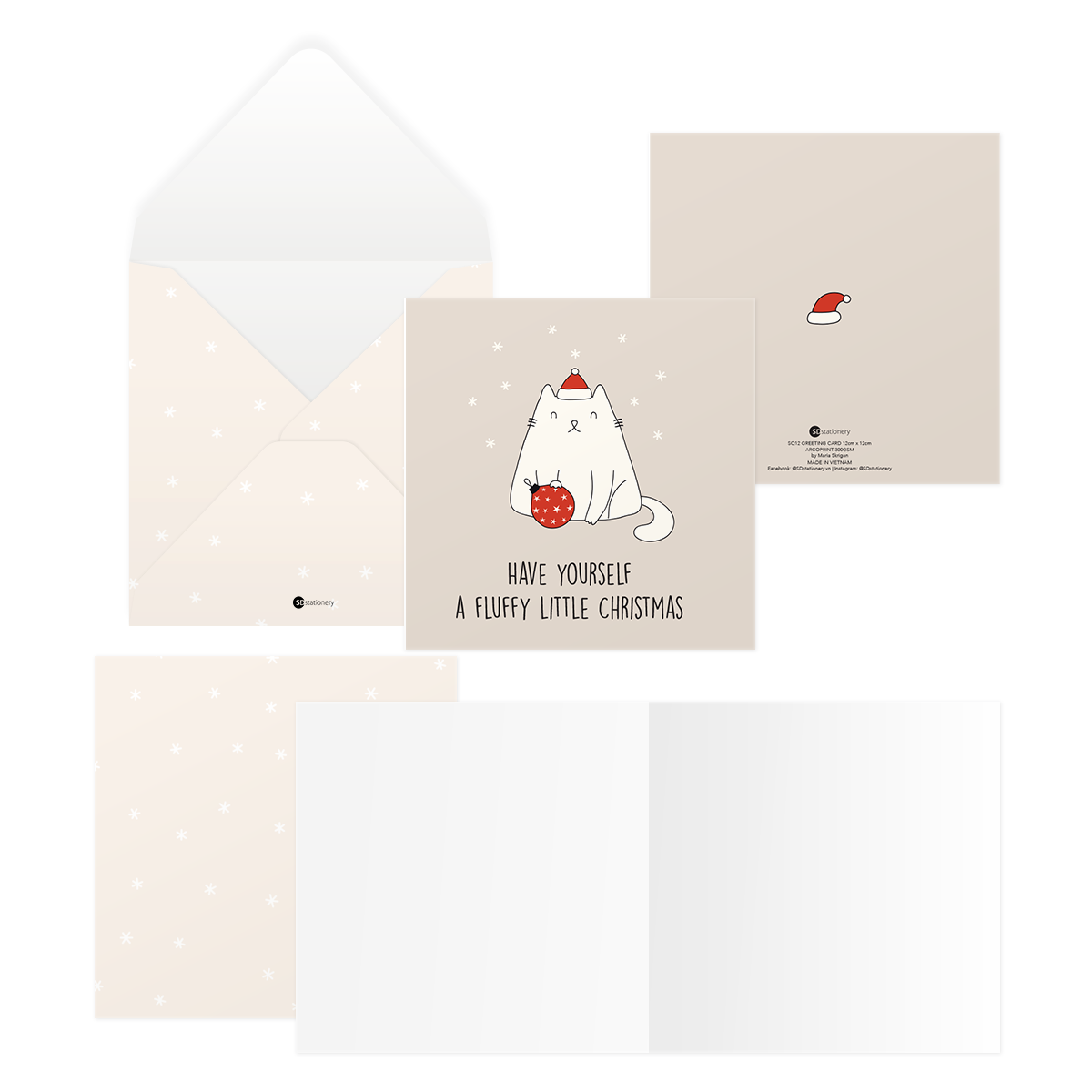 Thiệp giáng sinh noel 12x12 SDstationery XMAS CAT mèo dễ thương vui nhộn sáng tạo - Mèo trái châu