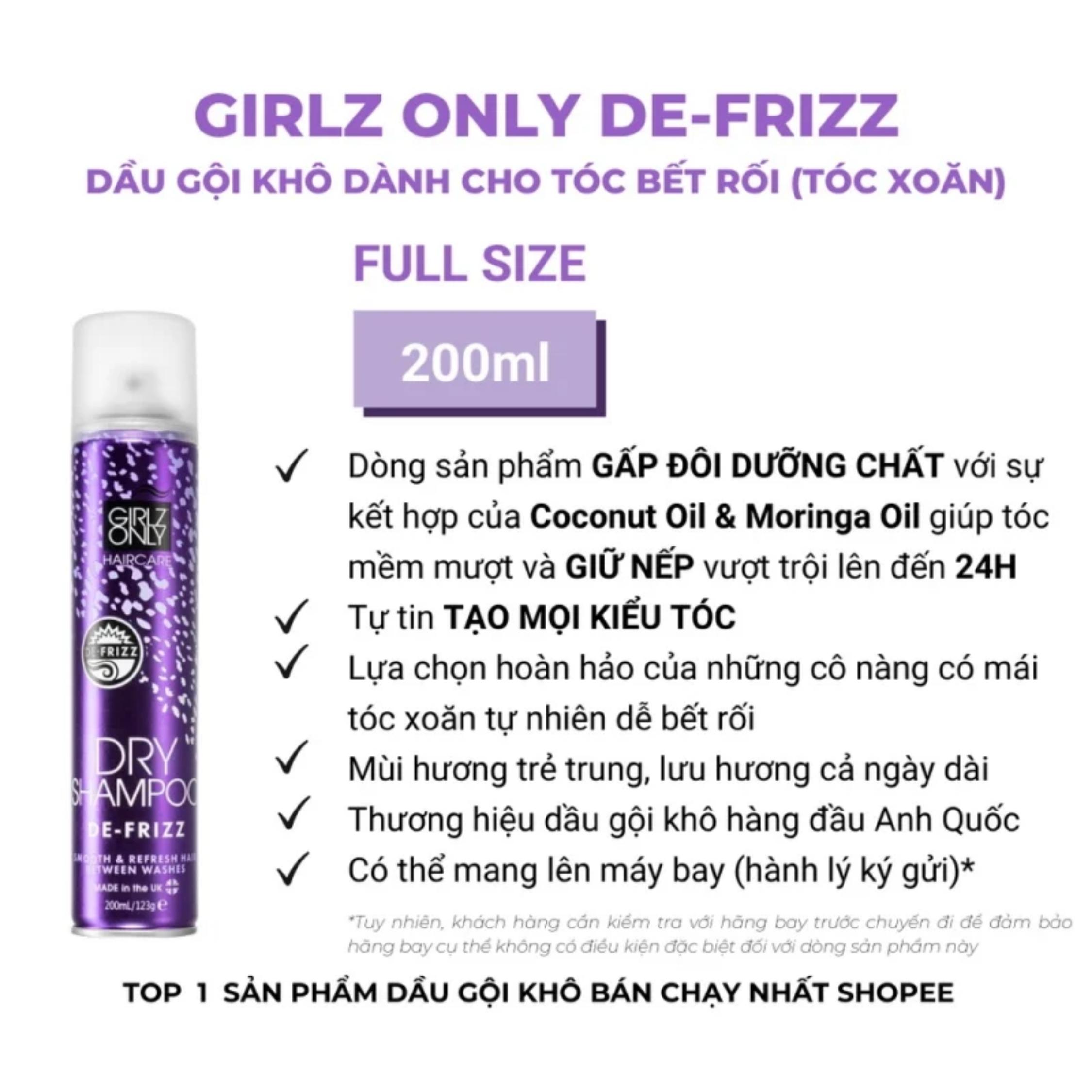 Dầu Gội Khô Girlz Only Xịt Tóc Gội Đầu Khô Dry Shampoo (Tím) Không Bết Sạch Dầu Bồng Bềnh 200ml/Chai