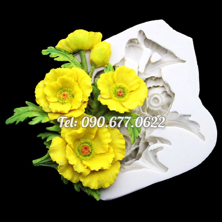 Khuôn silicone làm rau câu 3 hoa Poppy kèm nụ và lá loại 10 cm - Mã số 1219