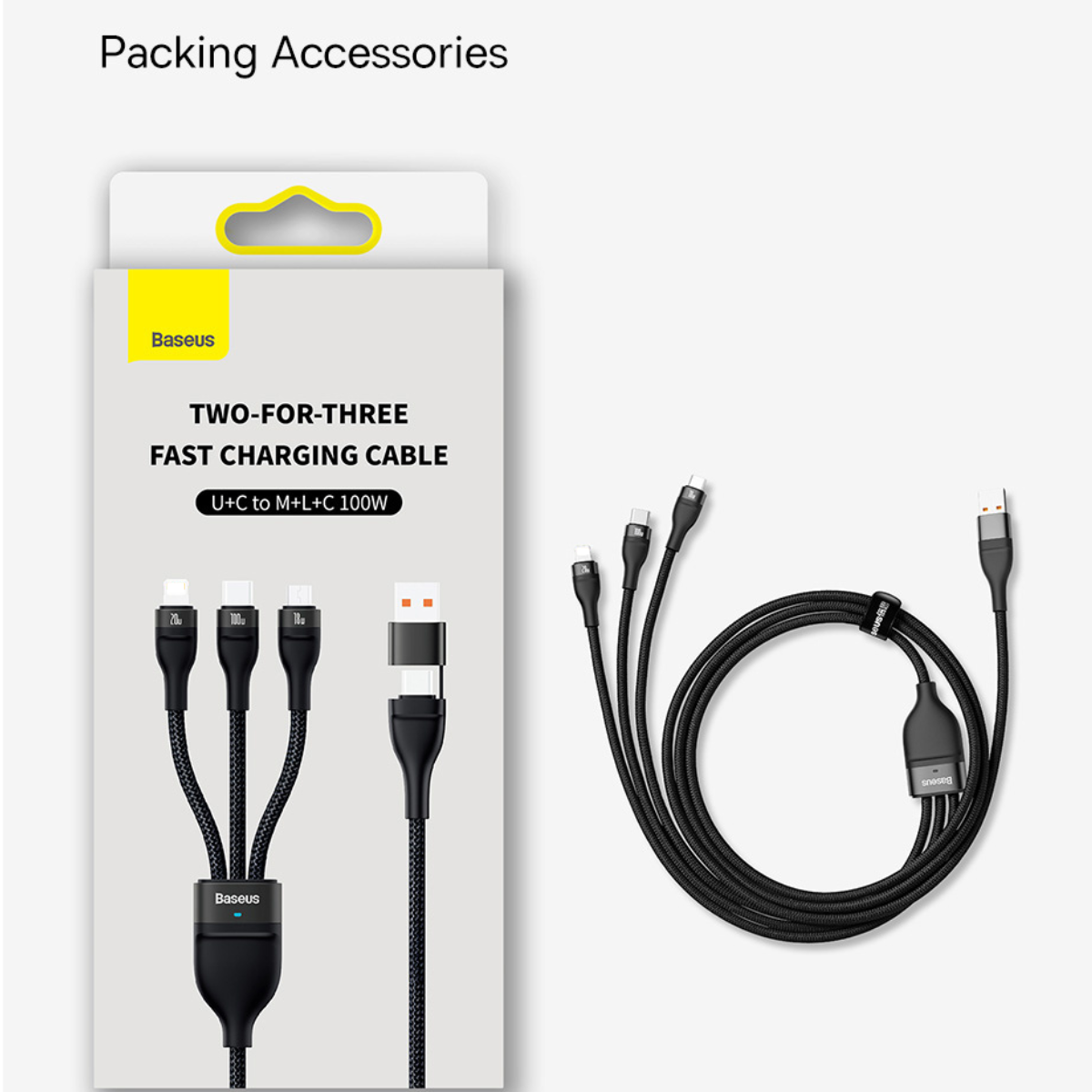 Cáp sạc nhanh 3 đầu CASS030101 Baseus Flash Series Ⅱ PRO Two-for-three Charging Cable U+C to M+L+C 100W, 1.2m- Hàng chính hãng