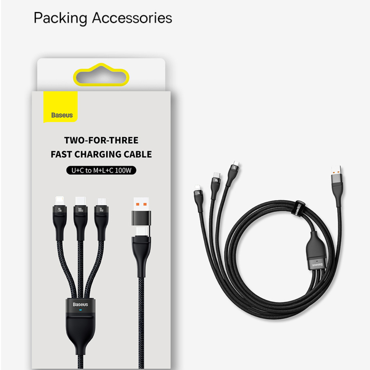 Cáp sạc nhanh 3 đầu CASS030101 Baseus Flash Series Ⅱ PRO Two-for-three Charging Cable U+C to M+L+C 100W, 1.2m, QC 4.0- Hàng chính hãng