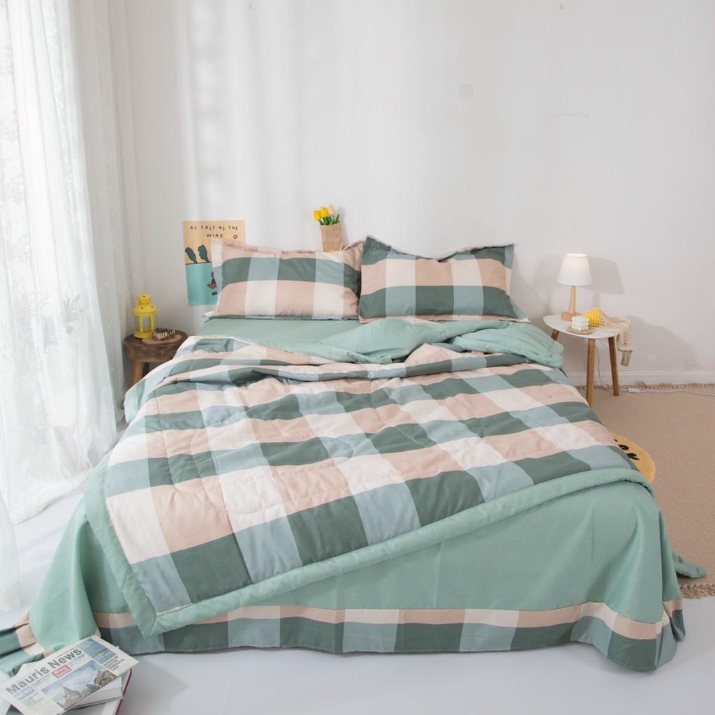 Sét ga gối chăn trần bông họa tiết kẻ chất đũi mềm mịn mát hàng loại 1