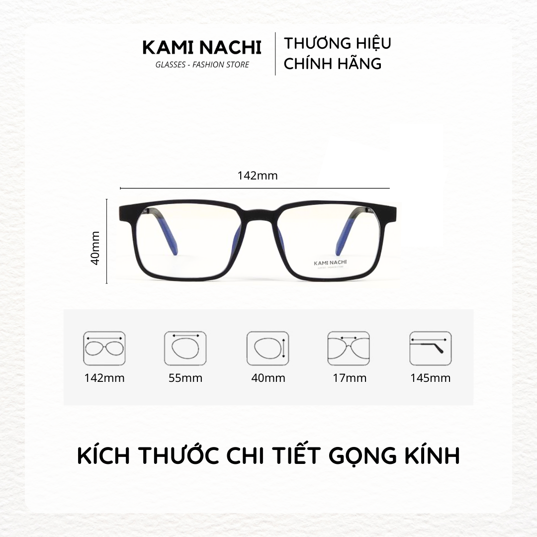 Gọng kính Titanium đen nhám dáng vuông thanh mảnh KAMI NACHI phong cách tối giản Size M