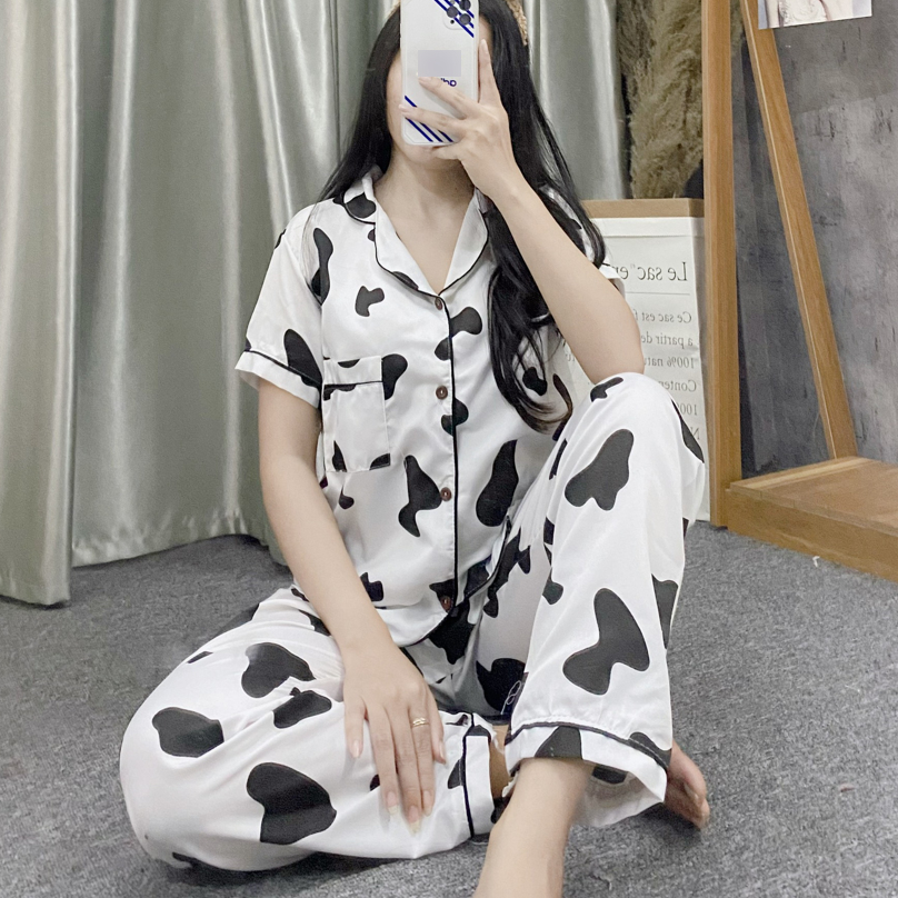 Bộ Đồ Nữ Đồ Ngủ Đồ Mặc Trong Nhà Họa Tiết Bò Sữa Xinh Cute DBO03 MayHomes Chất Liệu Kate