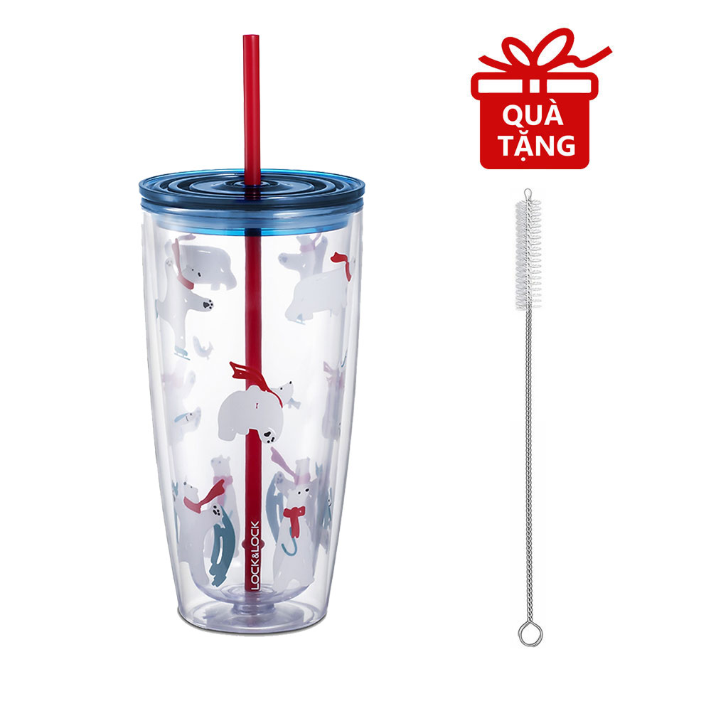 Ly nhựa 2 lớp Lock&amp;Lock HAP507 750ml - Hàng chính hãng, có ống hút, có nắp đậy - Tặng kèm cọ rửa