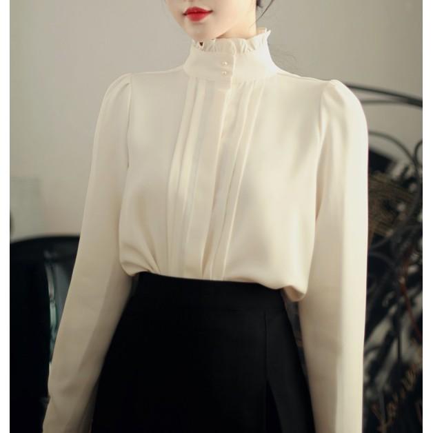 Áo Sơ Mi Công Sở Nữ Thời Trang Quyên Fashion, Mẫu Kiểu Cổ Lọ Kẹp Bèo Tay Dài Màu Trắng AA382