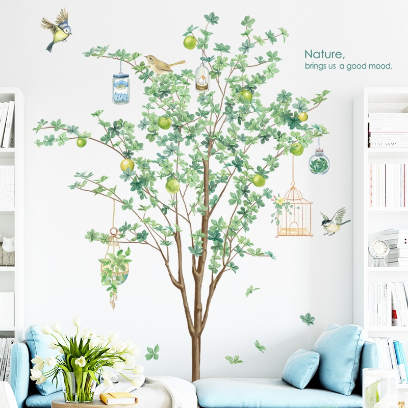 Decal dán tường tranh cây xanh chim hót dán phòng bé