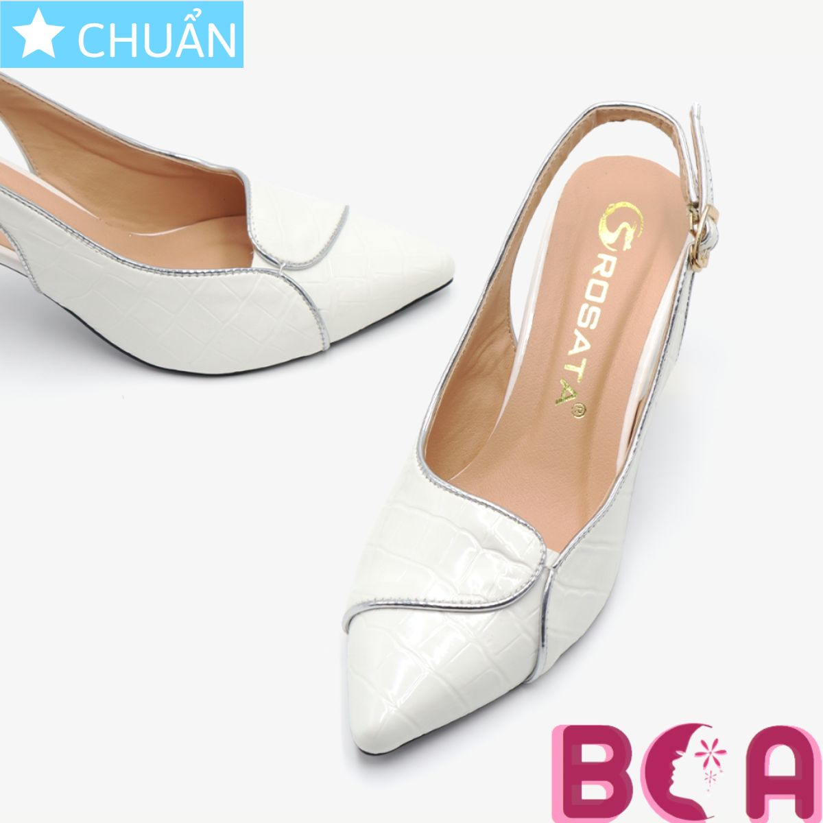 Giày cao gót nữ màu trắng 6p RO551 ROSATA tại BCASHOP mũi nhọn, gót vuông cách điệu, quai sai nhìn lạ mắt và thời trang