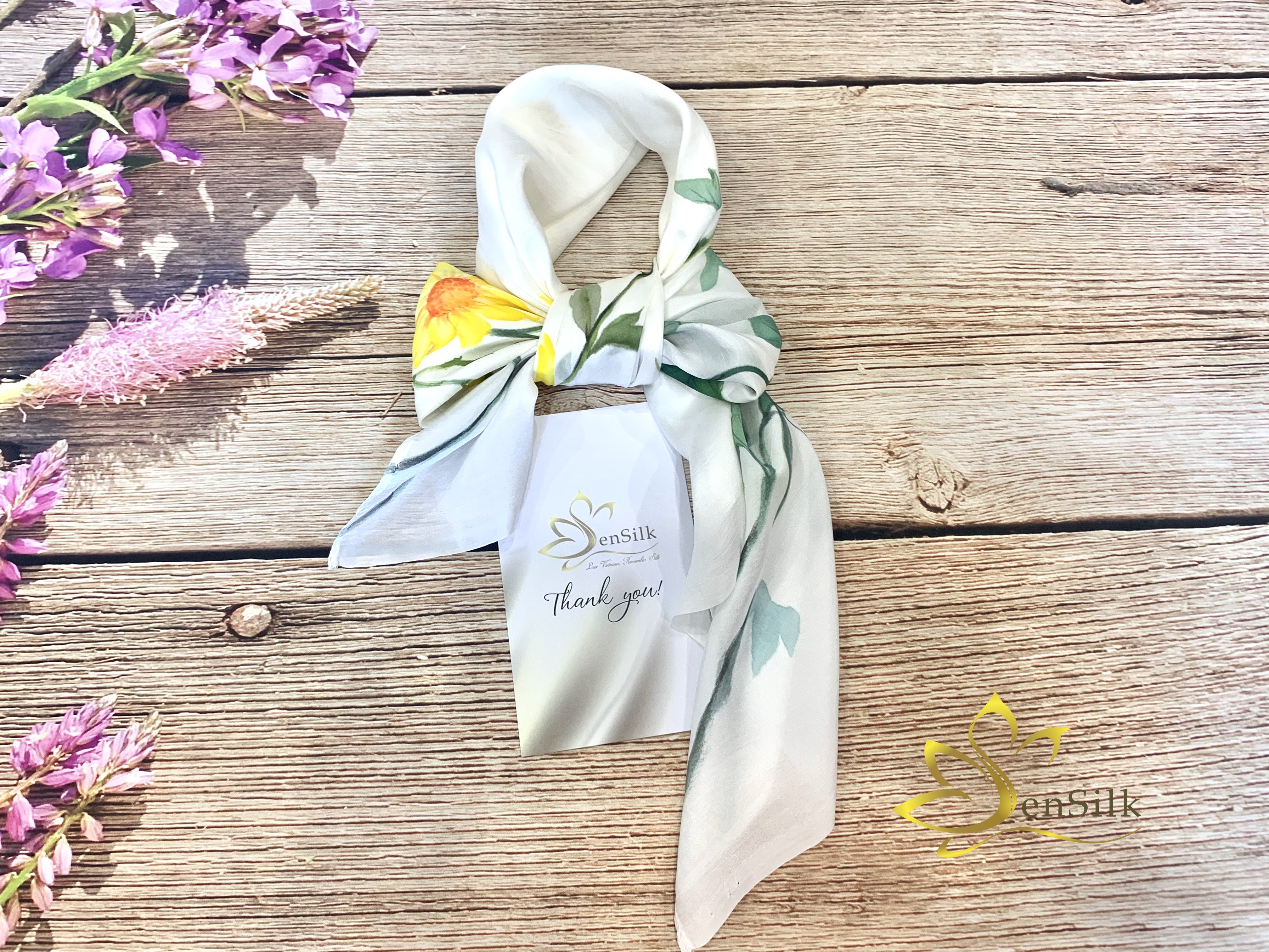 Khăn Lụa Vuông Vẽ Hoa Dã Quỳ SenSilk 90x90cm, Painting Silk Scarves for Women, Khăn Quàng Cổ Thời Trang