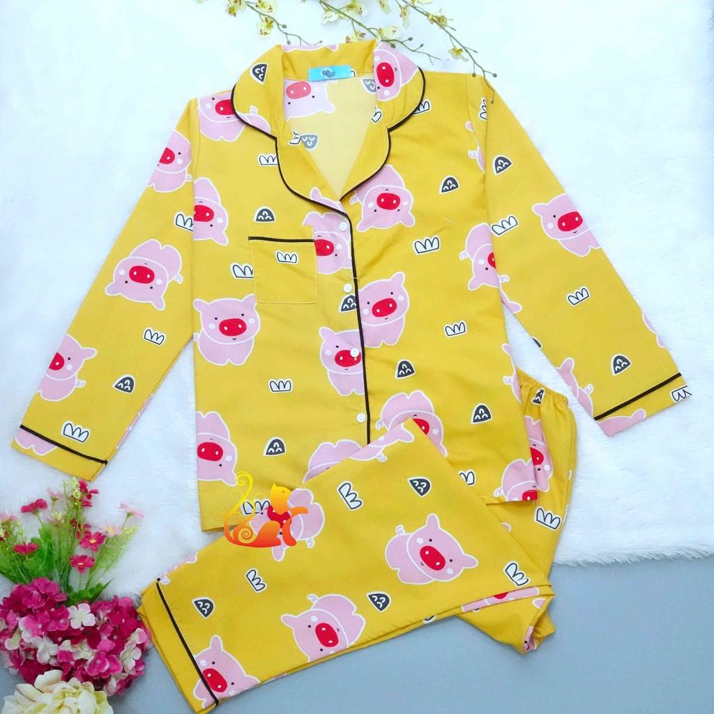 Đồ Bộ Mặc Nhà &quot;Heo mũi đỏ&quot; Pijama Kate Thái Tay Dài - Dưới 60kg