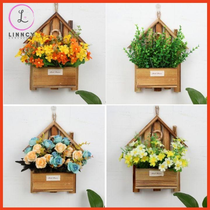 Giỏ hoa lụa treo tường hình ngôi nhà trang trí nhà cửa, cửa hàng, văn phòng, lớp học