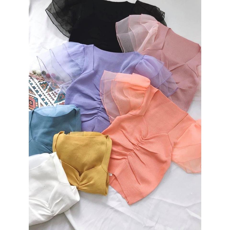 ÁO CROPTOP KIỂU TAY NGẮN PHỐI VOAN- Freesize