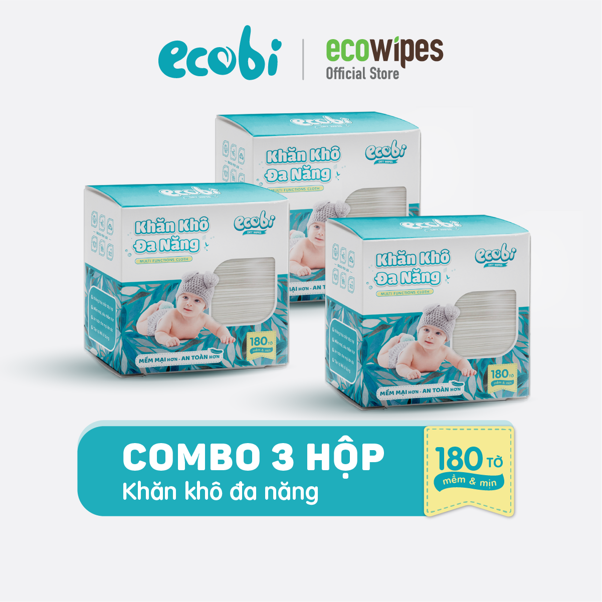 Combo 03 hộp khăn khô đa năng cho bé Ecobi hộp 180 tờ dùng thay khăn sữa an toàn cho trẻ sơ sinh