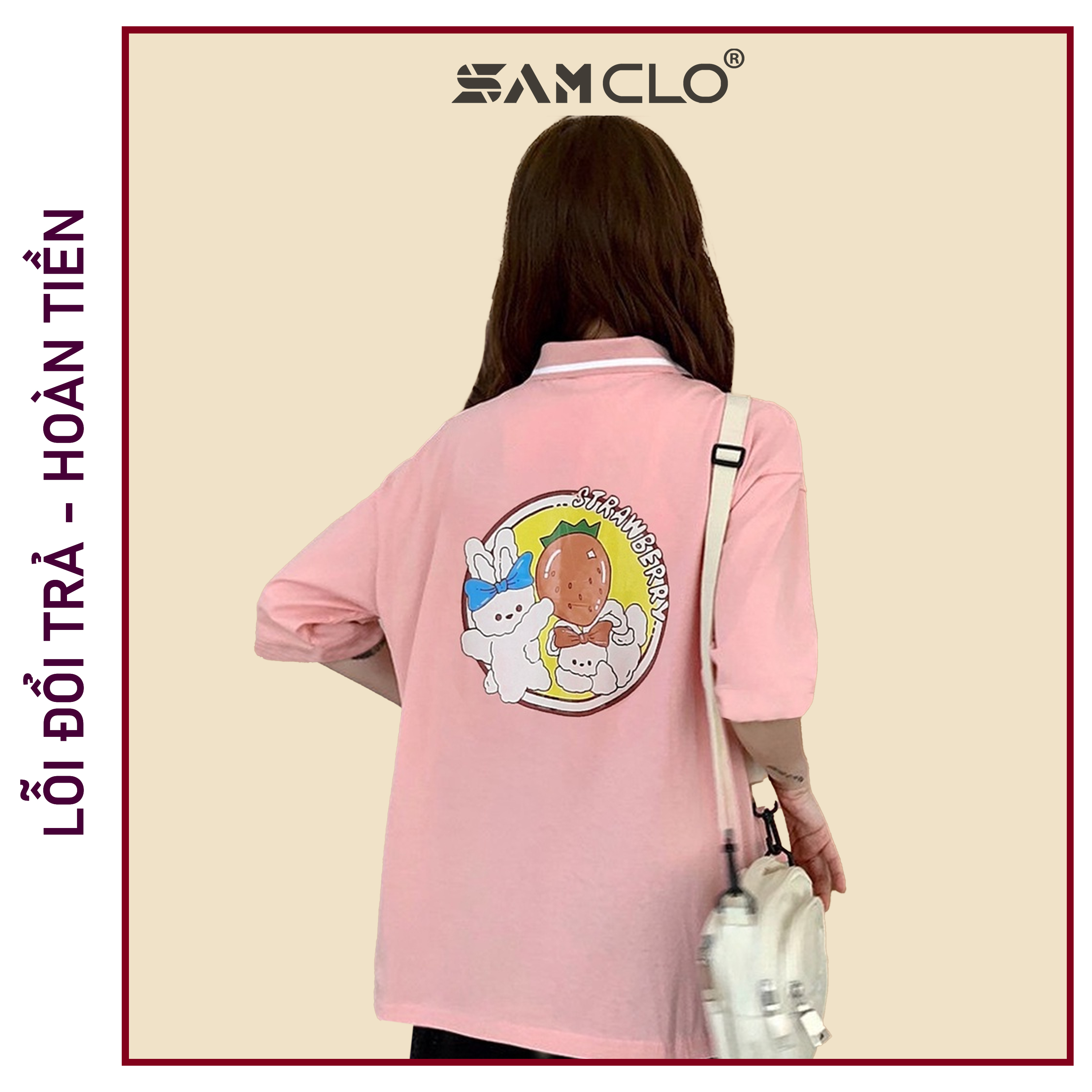 Áo thun Polo nữ tay lỡ form rộng SAM CLO phông freesize unisex mặc đi học, nhóm, lớp in hình thỏ trắng chữ STRAWBERRY - MÀU HỒNG