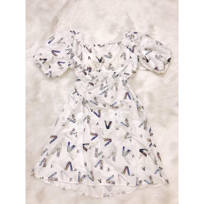 Đầm lụa xoè hoạ tiết cổ vuông kết nơ lung xinh lung linh kèm hình thật