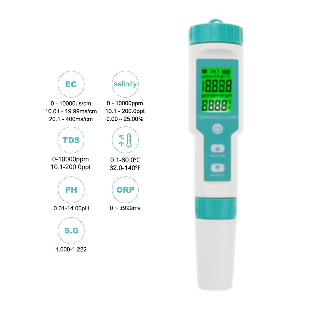 Máy kiểm tra chất lượng nước cầm tay cầm tay 7 trong 1 PH Tổng chất rắn hòa tan EC ORP Độ mặn SG Kiểm tra nhiệt độ IP67 Chống nước ℃/℉ Chuyển đổi đơn vị Bù nhiệt độ tự động