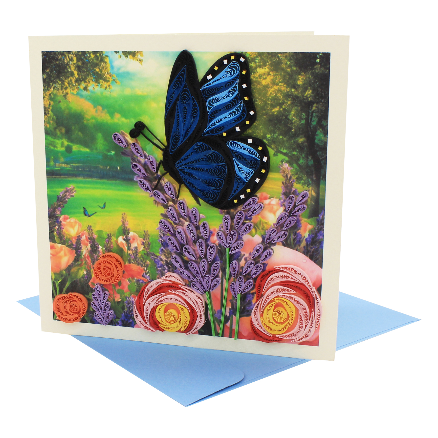 Thiệp Chúc Giấy Xoắn Thủ Công (Quilling Card) Vườn Hoa Hồng &amp; Hoa Lavender - Tặng Kèm Khung Giấy Để Bàn