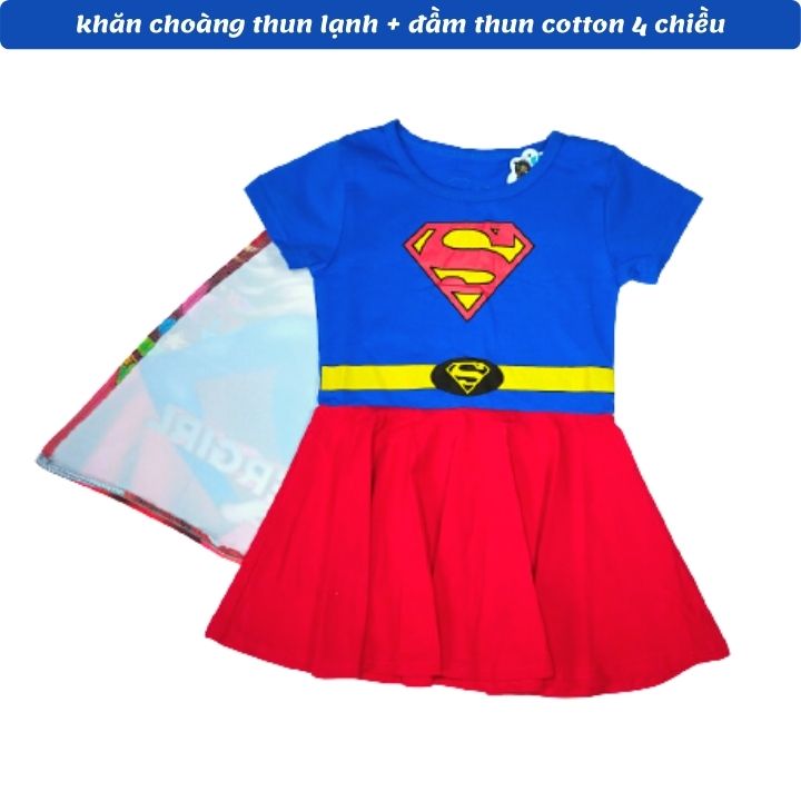 Đầm siêu nhân bé gái 11-26kg- Tặng kèm khăn choàng - thun cotton - thấm hút mồ hôi- Hình không bong tróc-Kiến Lửa