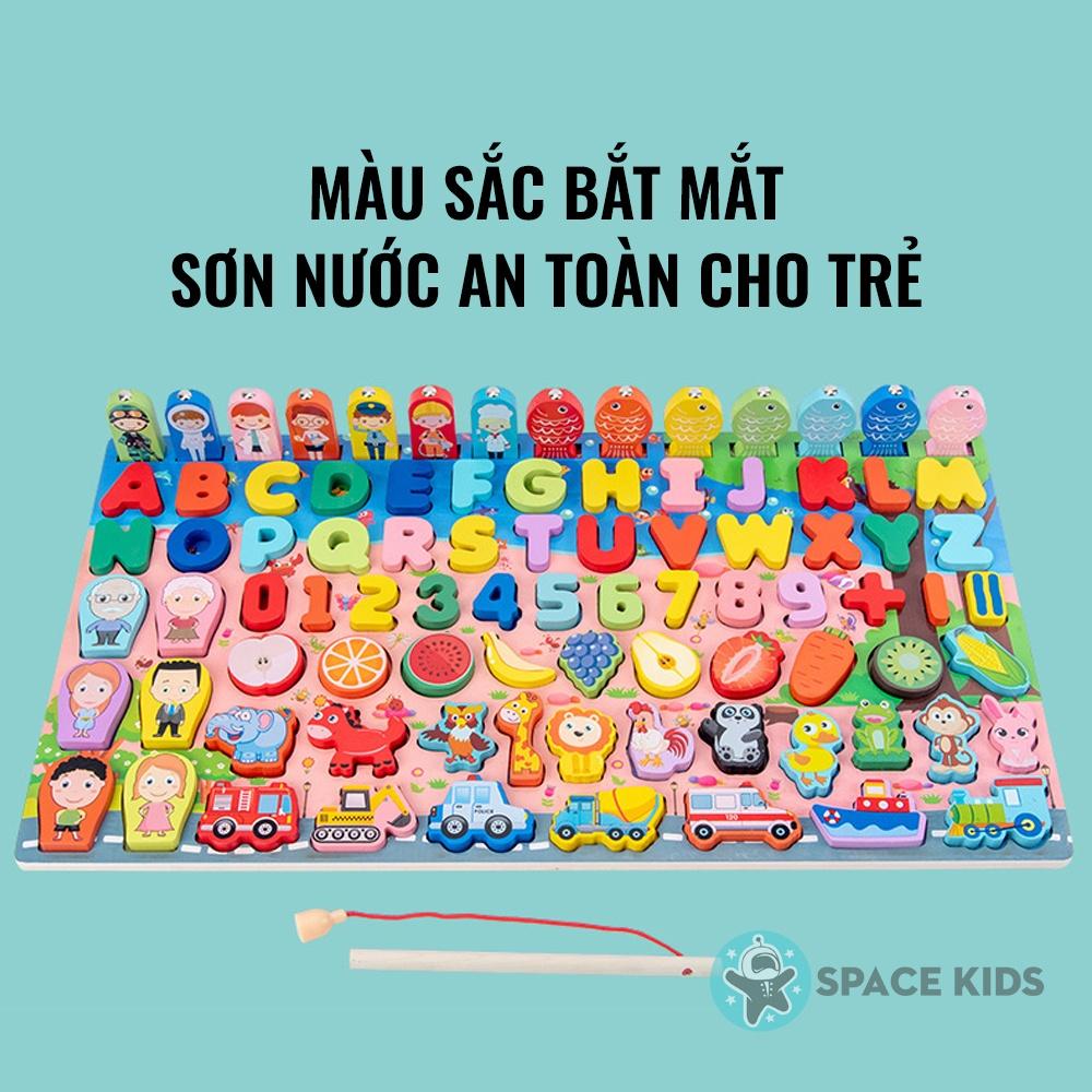 Đồ chơi gỗ cho bé Bảng gỗ câu cá 7 trong 1 chữ cái, số, cột tính, ghép hình nhiều chủ đề cho bé phát triển tư duy