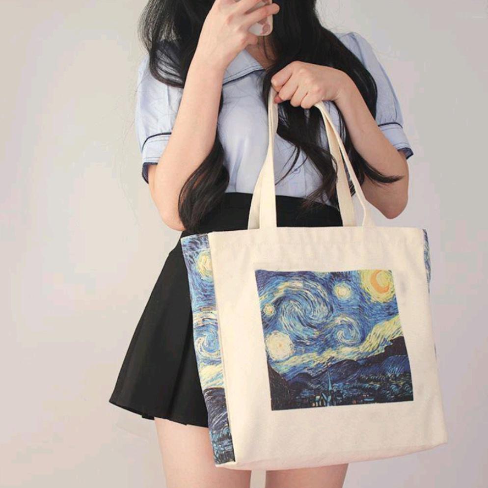 Túi tote vải canvas mộc hình hộp Tiệm nhà Pony in hình tranh sơn dầu hot trend