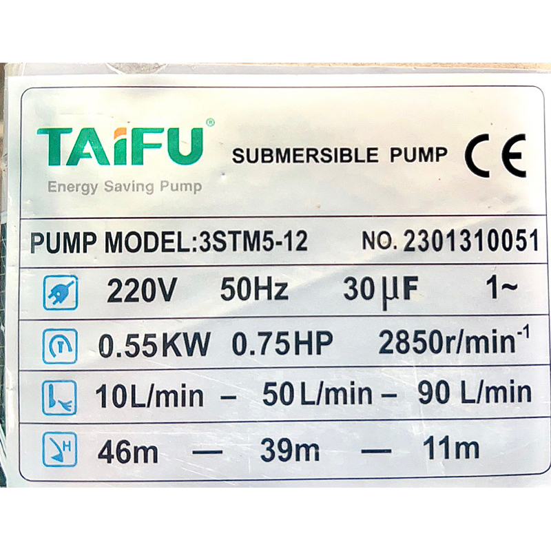 Bơm hỏa tiễn 550W (0.75HP) (3&quot; Ø76 thả ống 90) thân inox 304 có hộp tụ đi kèm TAIFU 3STM5-12 - Bảo hành 1 năm