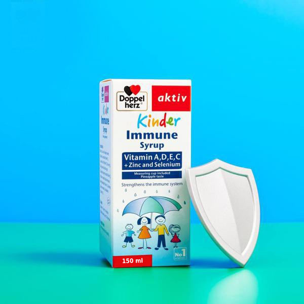 Siro tăng sức đề kháng phòng ngừa ốm vặt cho bé Doppelherz Aktiv Kinder Immune Syrup
