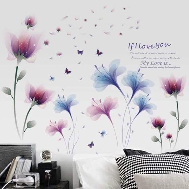 Decal dán tường Combo 2 tranh hoa pha Lê tím + hoa tím xanh