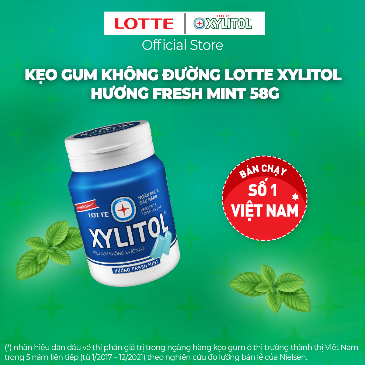 Combo 6 Kẹo Gum không đường Lotte Xylitol - Hương Fresh Mint 55.1 g