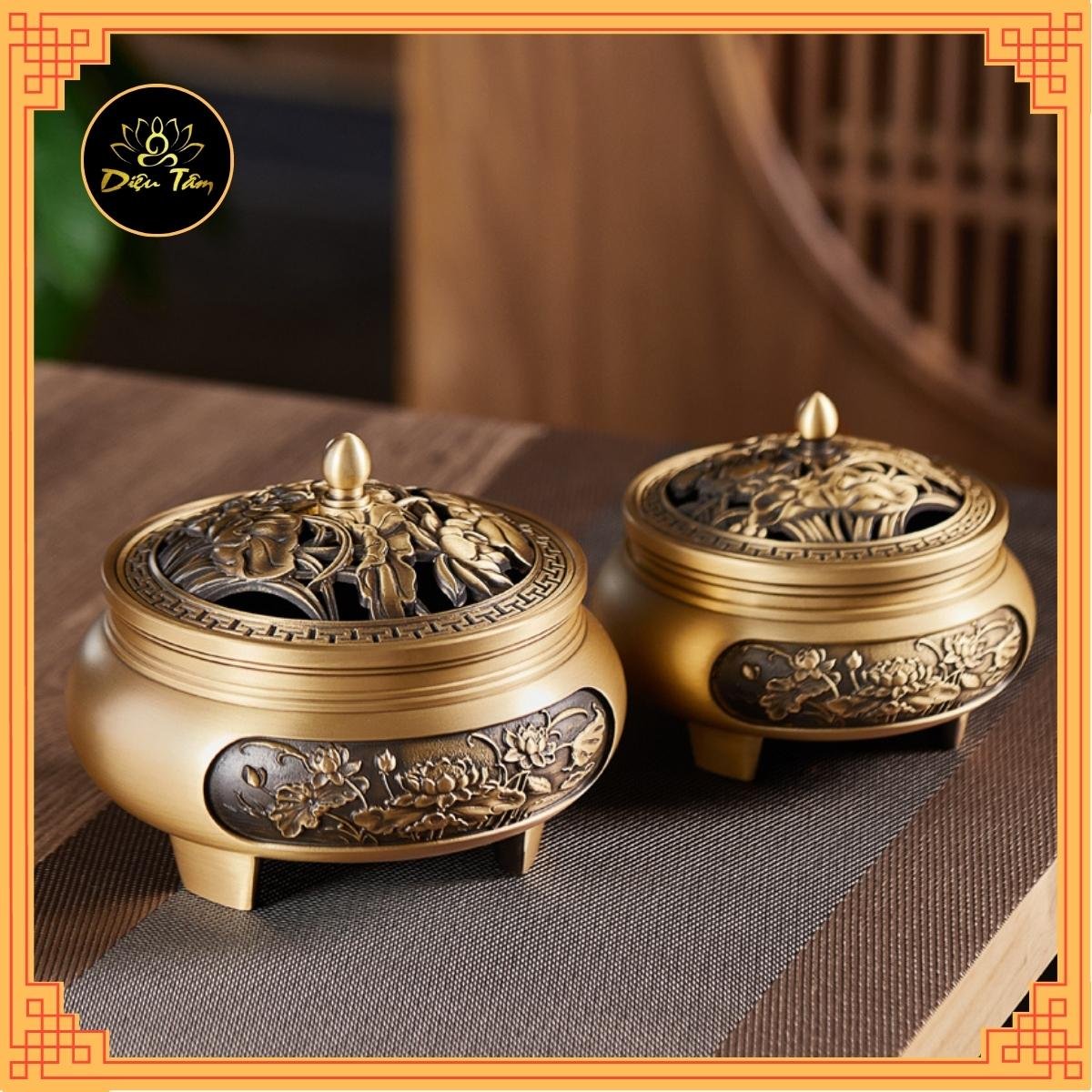 Lư đồng xông trầm - lư đốt trầm thay cho thác khói trầm hương, đồ thờ cúng shop Diệu Tâm mẫu Lư 3 chân khắc sen