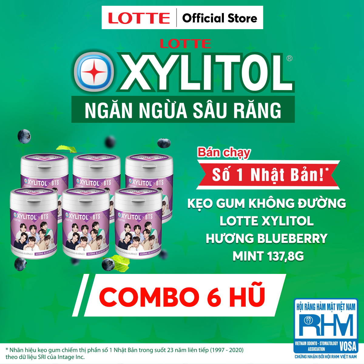 Combo 6 hũ Kẹo Gum không đường Lotte Xylitol - Hương Blueberry Mint 130,5 g