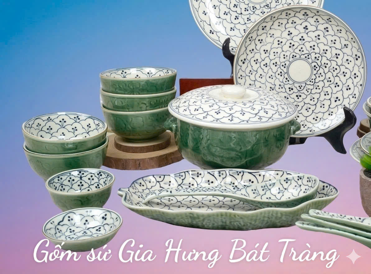 Bộ bát đĩa gốm sứ Bát Tràng cao cấp men lục bảo vẽ bèo dâu BDXĐ1