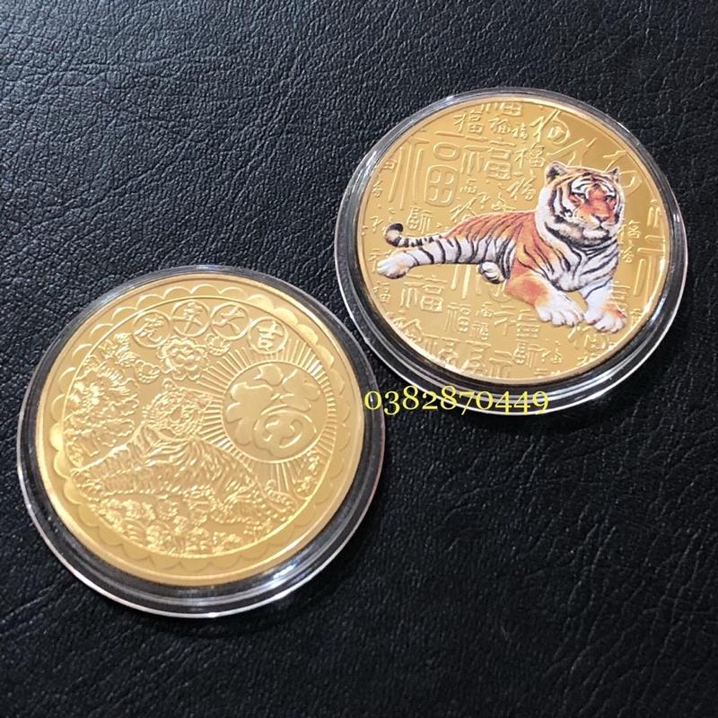 Đồng Xu Con Hổ Mạ Vàng In Màu 3D Đài Loan Cao Cấp
