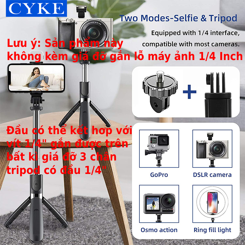 Gậy chụp hình Selfie Tripod CYKE kéo dài 102.4cm xoay 360 độ tích hợp điều khiển không dây bluetooth kèm đèn Led-Hàng chính hãng