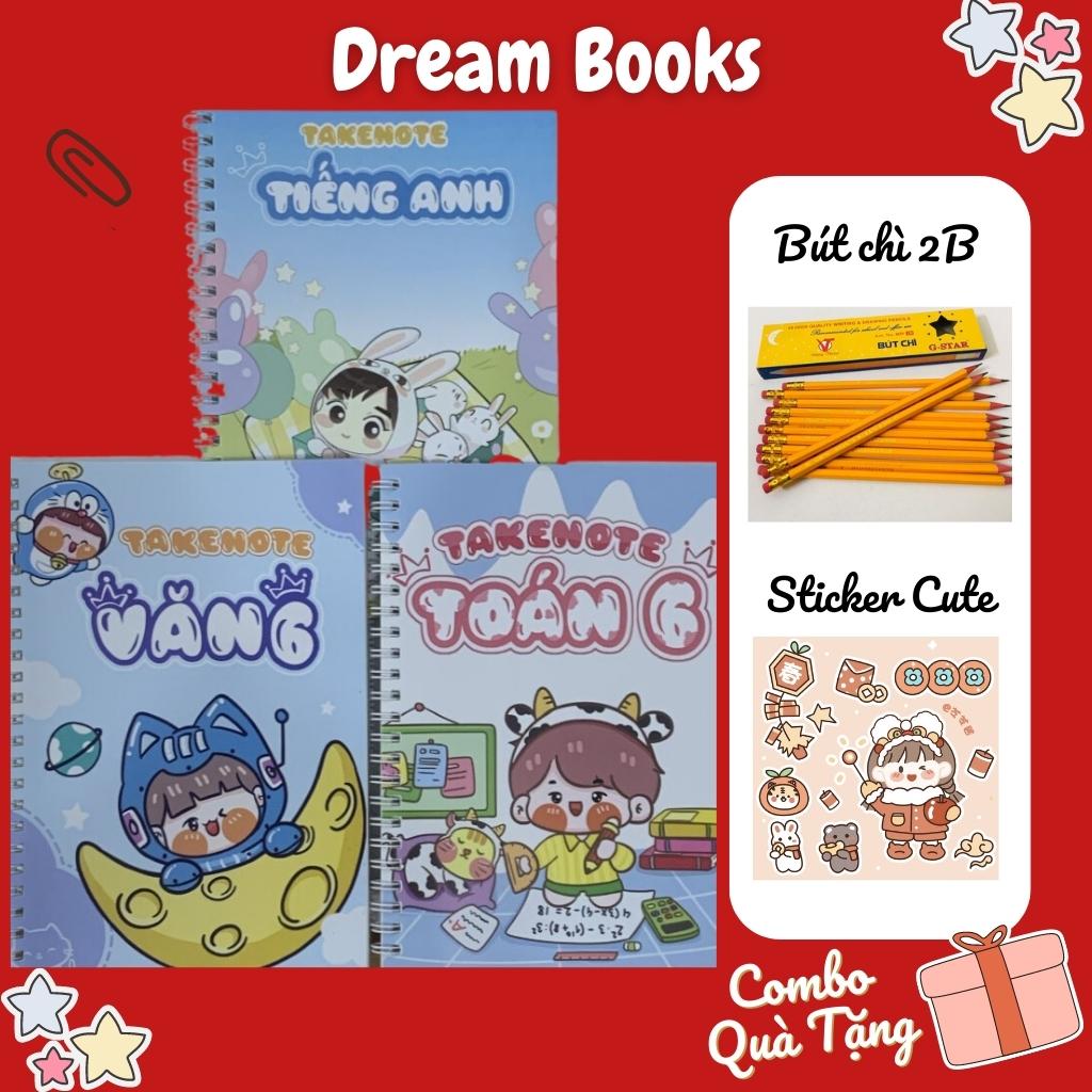 Sách-Combo 3 sổ Takenote Văn Toán Anh Lớp 6 tổng hợp kiến thức, sổ tay ghi chú lò xo xoắn trang trí sticker dễ thương