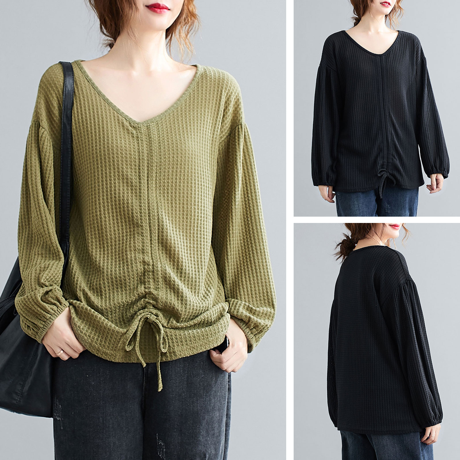 Women Knitted Shirt Drawstring Front V-Neck Lantern Sleeve Pullover Loose Fit Casual Solid Spring Autumn Tops