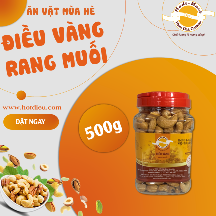 Điều vàng rang muối / điều bóc vỏ Hodi - NaVi hũ quai xách 500g