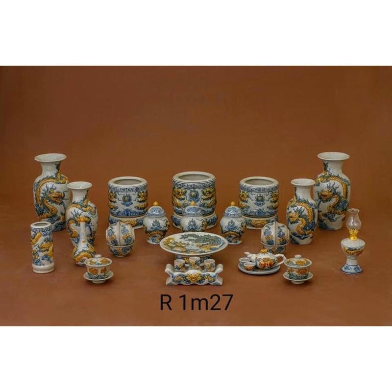 Bộ ban thờ gia tiên men rạn cổ, họa tiết đắp nổi thủ công. Gốm sứ Bát Tràng cao cấp.