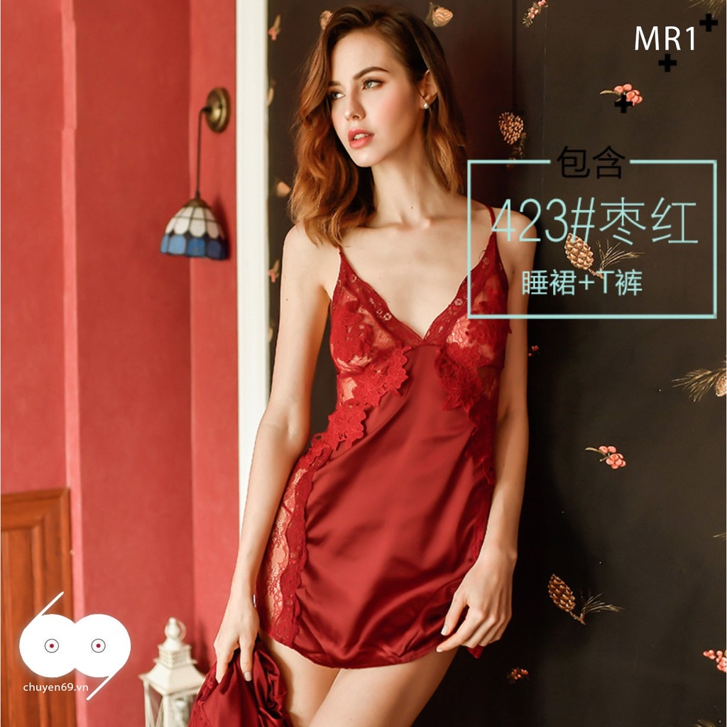 Váy Ngủ Ren 2 Dây Hở Lưng Lụa Satin Thoáng Mát Quyến Rũ Cho Nữ