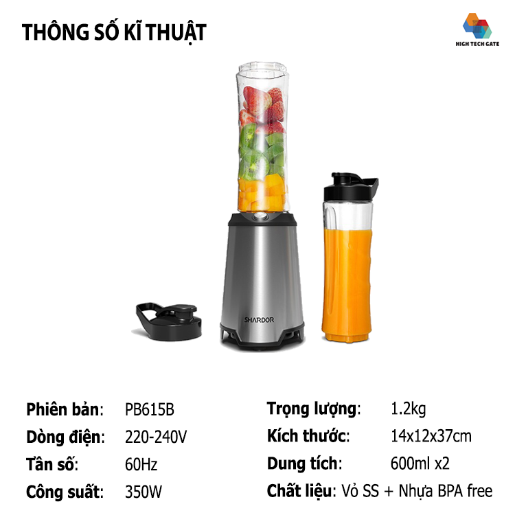 Máy xay sinh tố Shardor PB615B mix and go, tích hợp 2 bình du lịch kiêm nắp chống rò rỉ, mang theo mọi nơi, hàng chính hãng