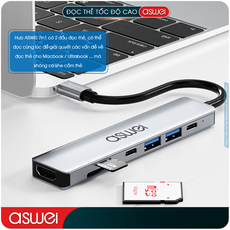 Hub Type C ASWEI 7 in 1 To HDMI, USB 3.0, SD, TF, USB C, PD - Cổng Chia USB, Ổ Chia USB Tốc Độ Cao - Hub Chuyển Đổi USB Type C 7 Cổng Dành Cho Macbook, Laptop, PC, Máy Tính Bảng, Điện Thoại - Hàng Chính Hãng