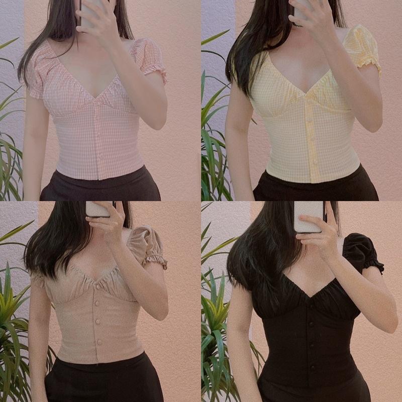 Áo Croptop Smocking Nút Bọc