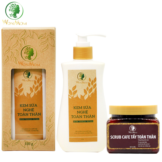 Bộ Dưỡng Trắng Hồng Body Wonmom ( 1 Kem Sữa nghệ + 1 Scrub Cafe Tẩy Tế Bào Chết Toàn Thân )