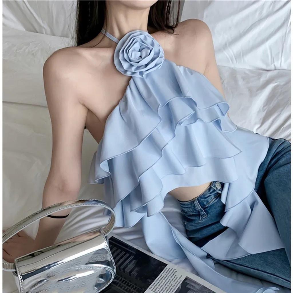 Áo nữ kiểu yếm croptop đính hoa tầng tà dài dây vai chéo cực sang cho cô nàng xinh đẹp