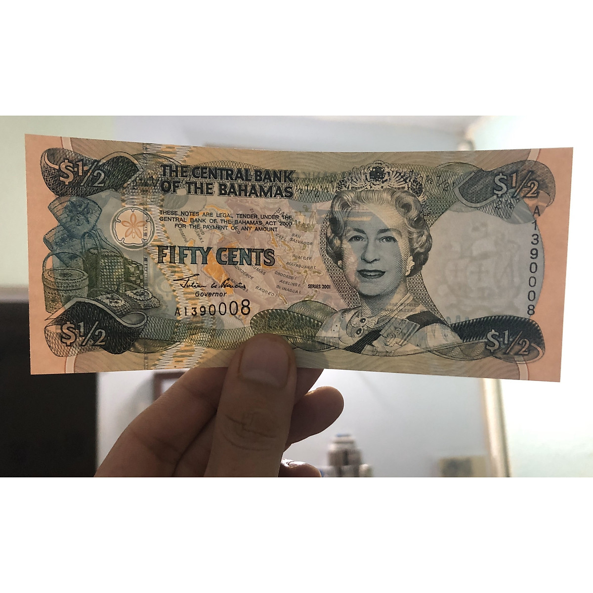 Tờ tiền cổ đảo quốc Bahamas, mệnh giá lạ 1/2 dollar nữ hoàng Elizabeth II - Tiền mới keng 100% - Tặng túi nilon bảo quản