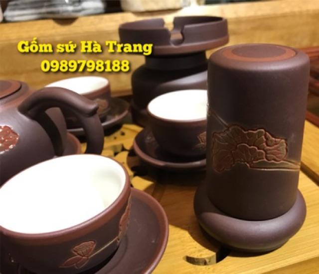 Bộ ấm chén tử sa Bát Tràng khắc sen thủ công cao cấp