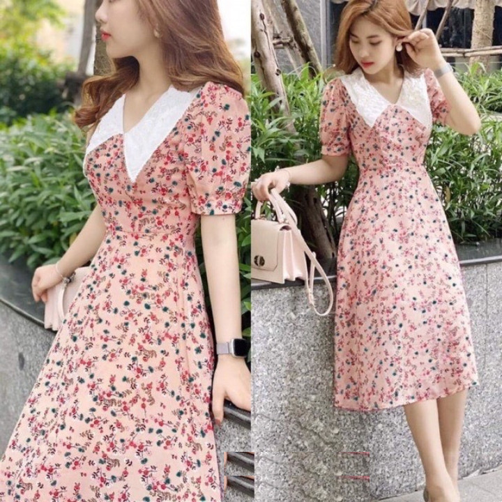 Đầm xòe voan họa tiết hoa nhí cổ sen cách điệu - nhiều size, form dang chuẩn thích hợp mặc dạo phố, đi làm hoặc dự tiệc