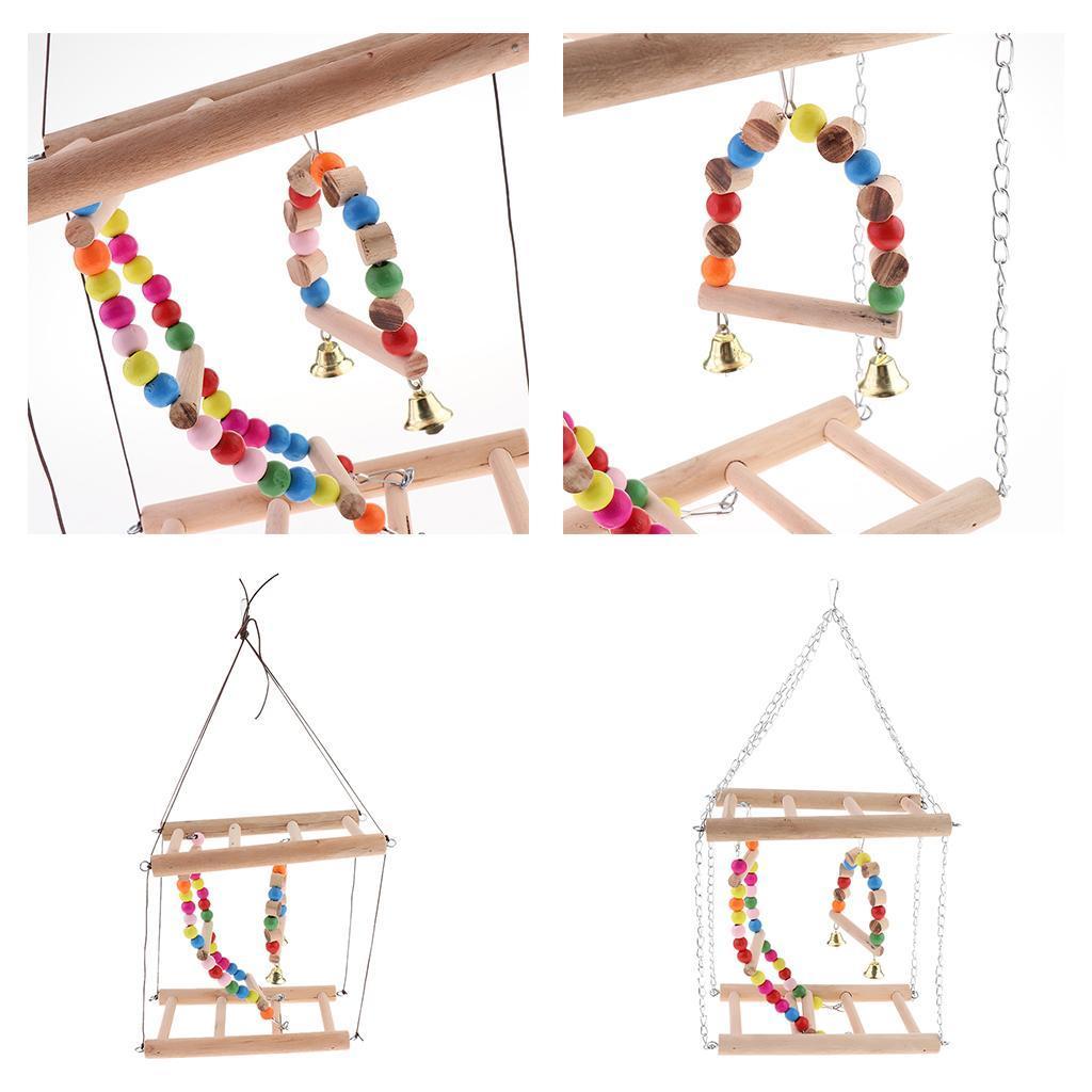 Bird Wooden Ladder Parrot Swing Cage Activity Toys with Bell