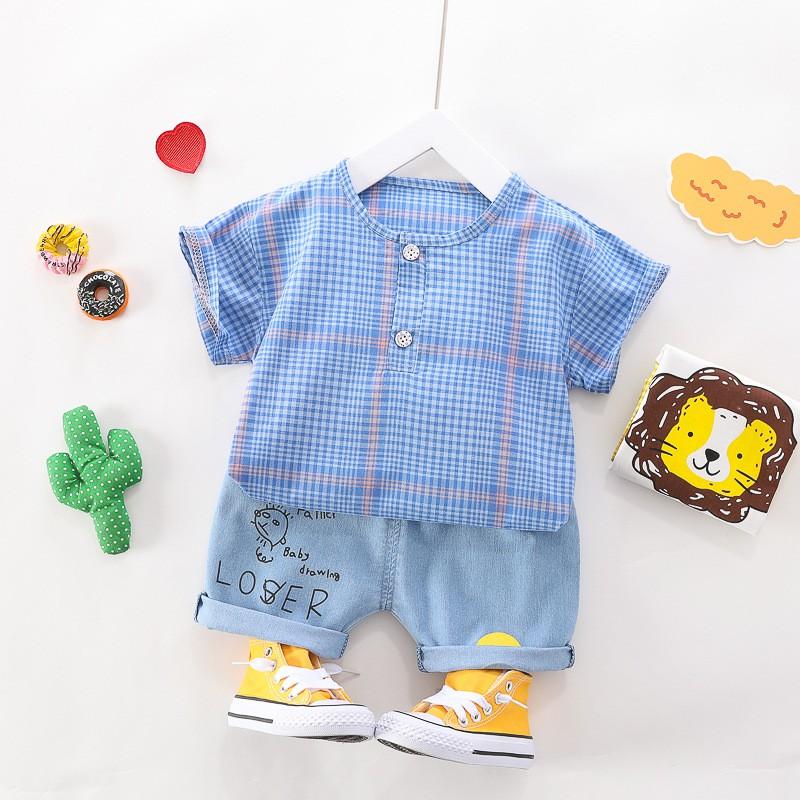 Set áo kẻ in hình sư tử con + quần đùi jean mặt cười hàng cho bé